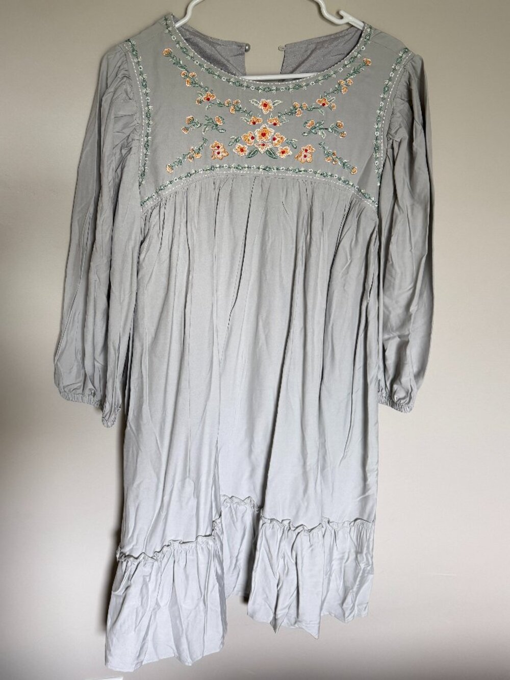 Boho Embroidered Floral Mini Dress Gray Peasant Style Long Sleeve Size L